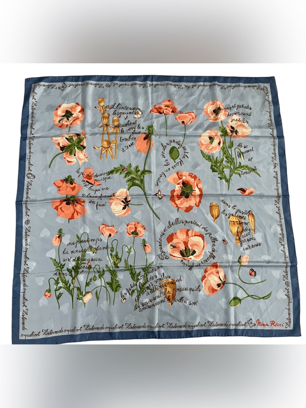 Nina Ricci Blue Scarf with Coral Floral Poppies